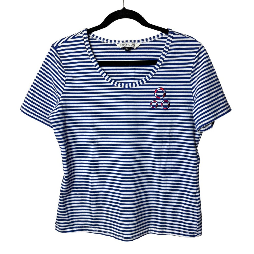 Royal Monk Vintage Blue & White Striped T-Shirt with Embroidered Life Preservers